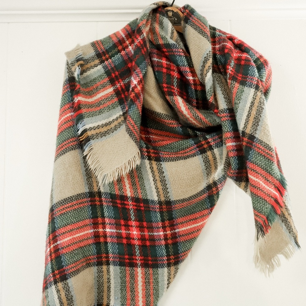 Plaid Tan and Red Blanket Scarf